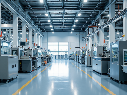 现代化生产车间，整齐排列的生产设备，工人正在操作精密仪器，明亮的工业照明，整洁的工厂环境